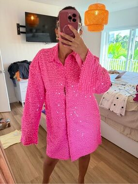 h&m pink sequin shirt dress Women's Pink/Sequins Fringe-hem sequined dress